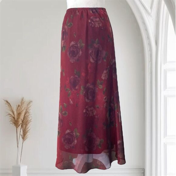R&M Richards Romantic Whimsygoth Burgundy Red Mesh Floral Rose Midi Skirt 12 / L - Picture 1 of 7